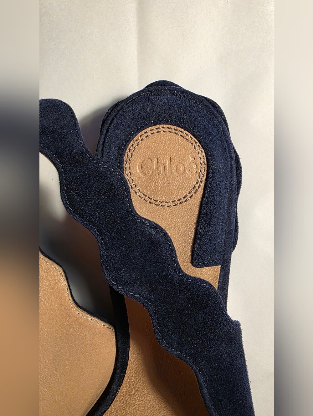 Chloé Laurena Navy Suede Scallop Slingback Flats EU 38.5 Pointed Toe Ballet Shoe - Picture 3 of 9